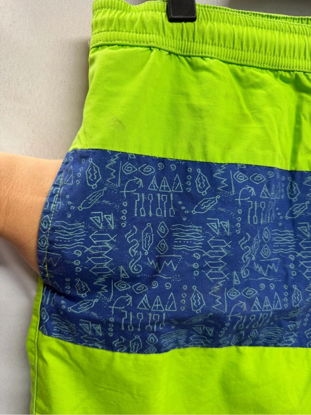 Vintage 90s Men's Lime Green Swim Shorts Navy Graphic Stripe Cotton Medium